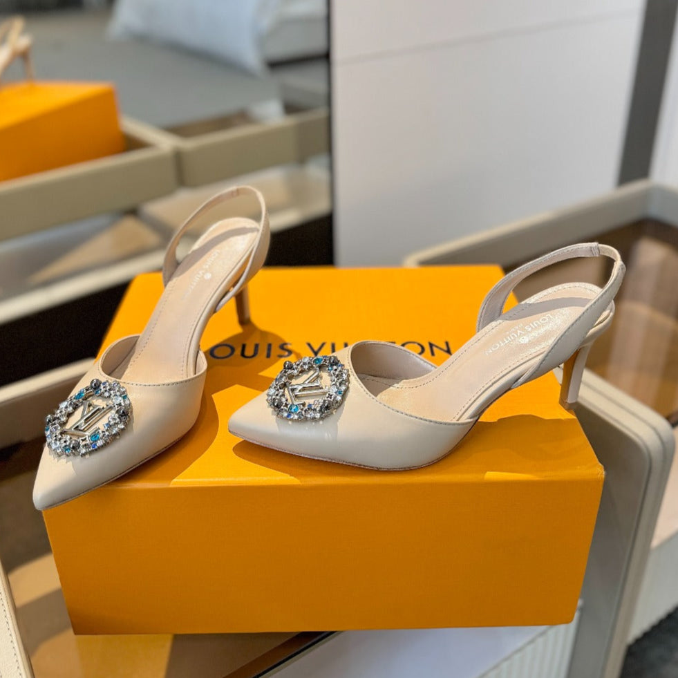 HIGH HEEL 75 MM SLINGBACK IN NUDE BEIGE CALFSKIN WITH CRYSTAL - 34