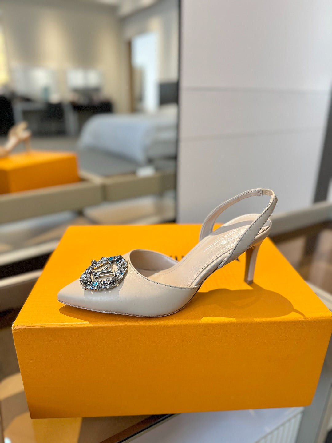 HIGH HEEL 75 MM SLINGBACK IN NUDE BEIGE CALFSKIN WITH CRYSTAL - 34