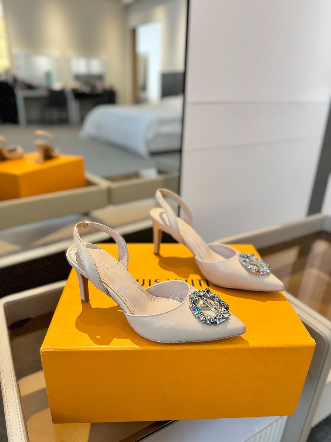HIGH HEEL 75 MM SLINGBACK IN NUDE BEIGE CALFSKIN WITH CRYSTAL - 34