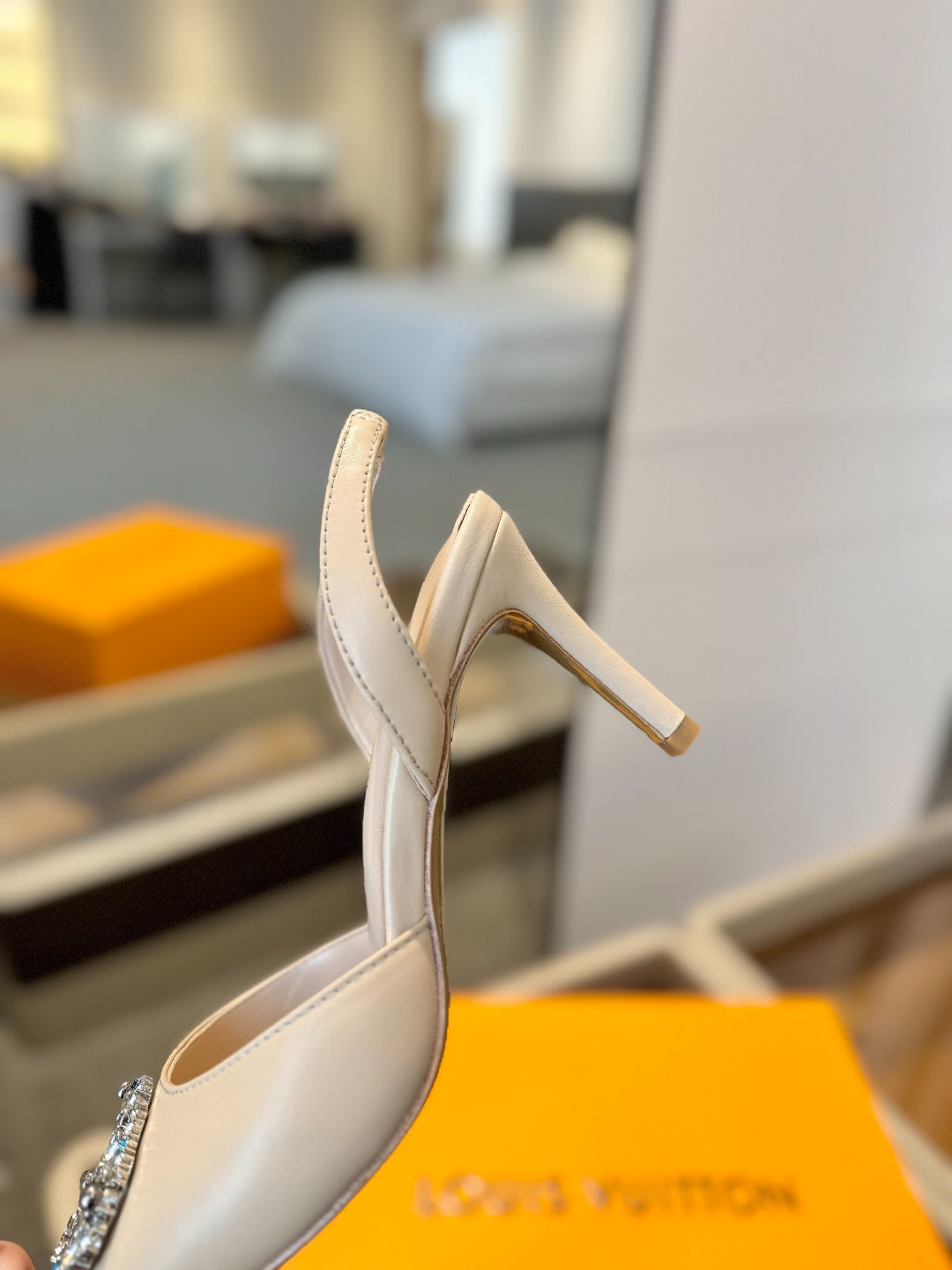 HIGH HEEL 75 MM SLINGBACK IN NUDE BEIGE CALFSKIN WITH CRYSTAL - 34