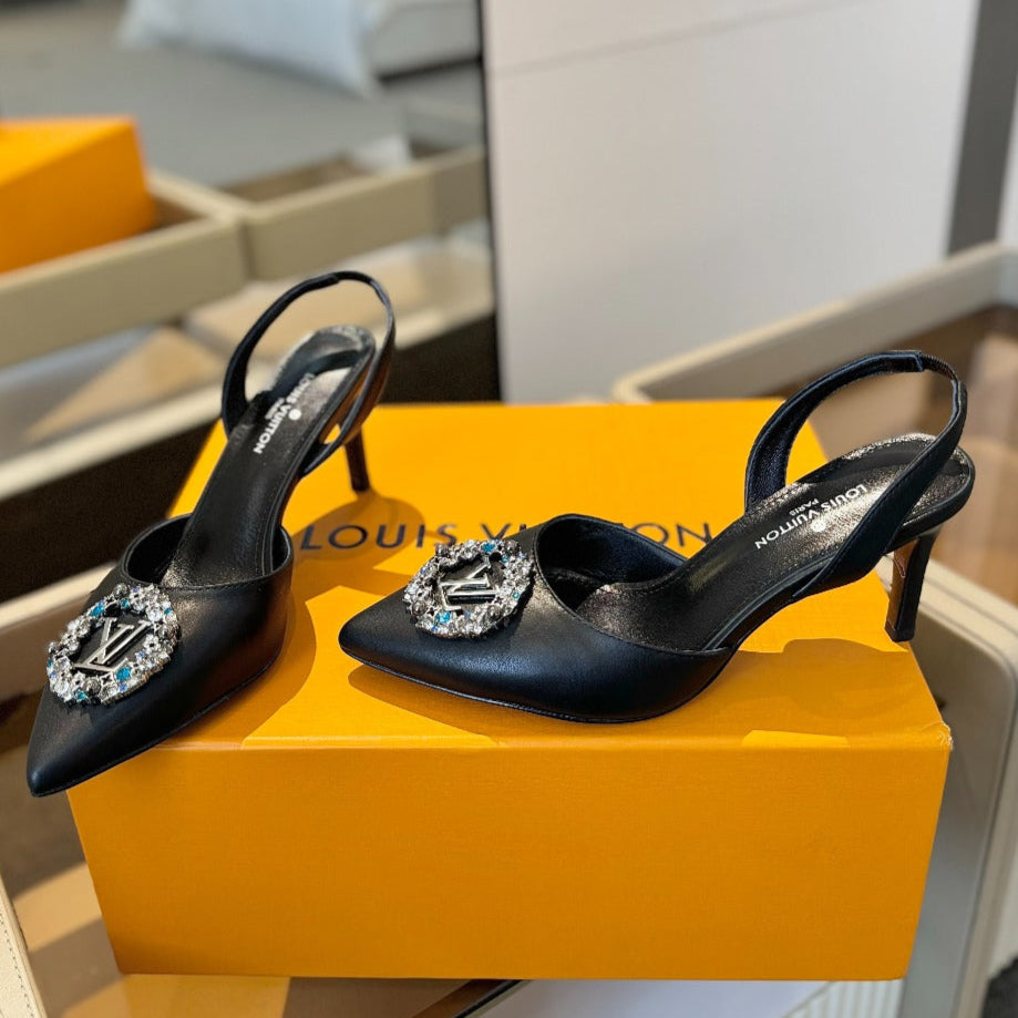 HIGH HEEL 75 MM SLINGBACK IN BLACK CALFSKIN WITH CRYSTAL - 34
