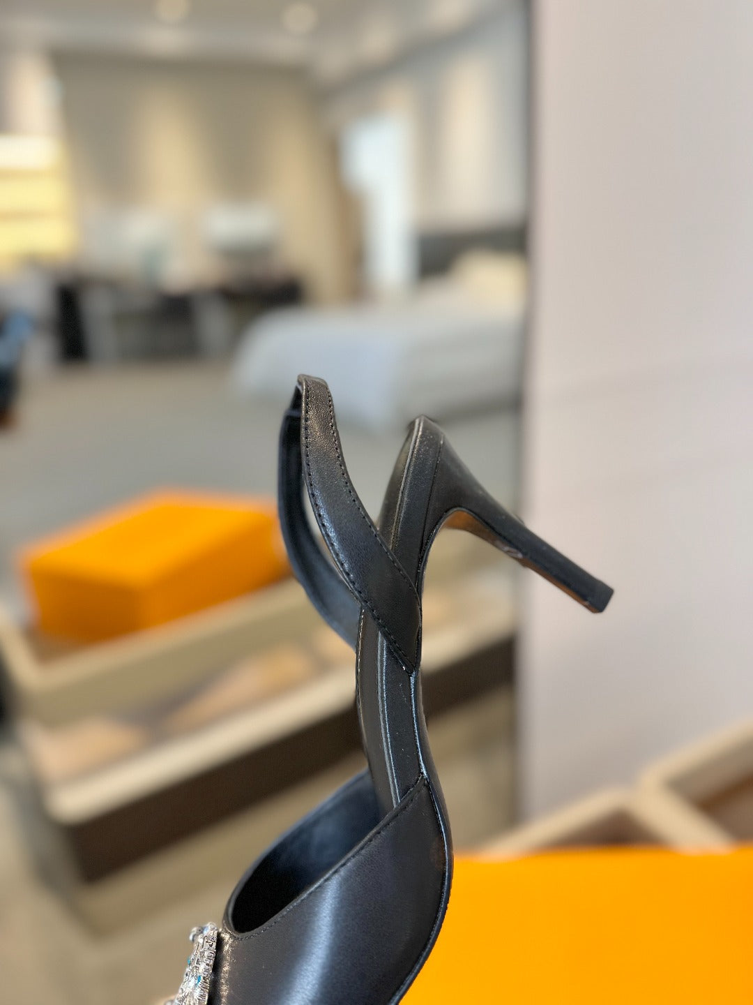 HIGH HEEL 75 MM SLINGBACK IN BLACK CALFSKIN WITH CRYSTAL - 34