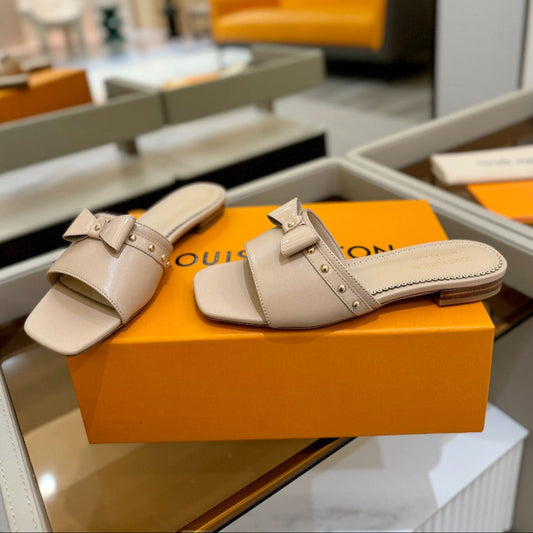LV X TM 6AM FLAT MULE IN LINEN TAN CALFSKIN - 34