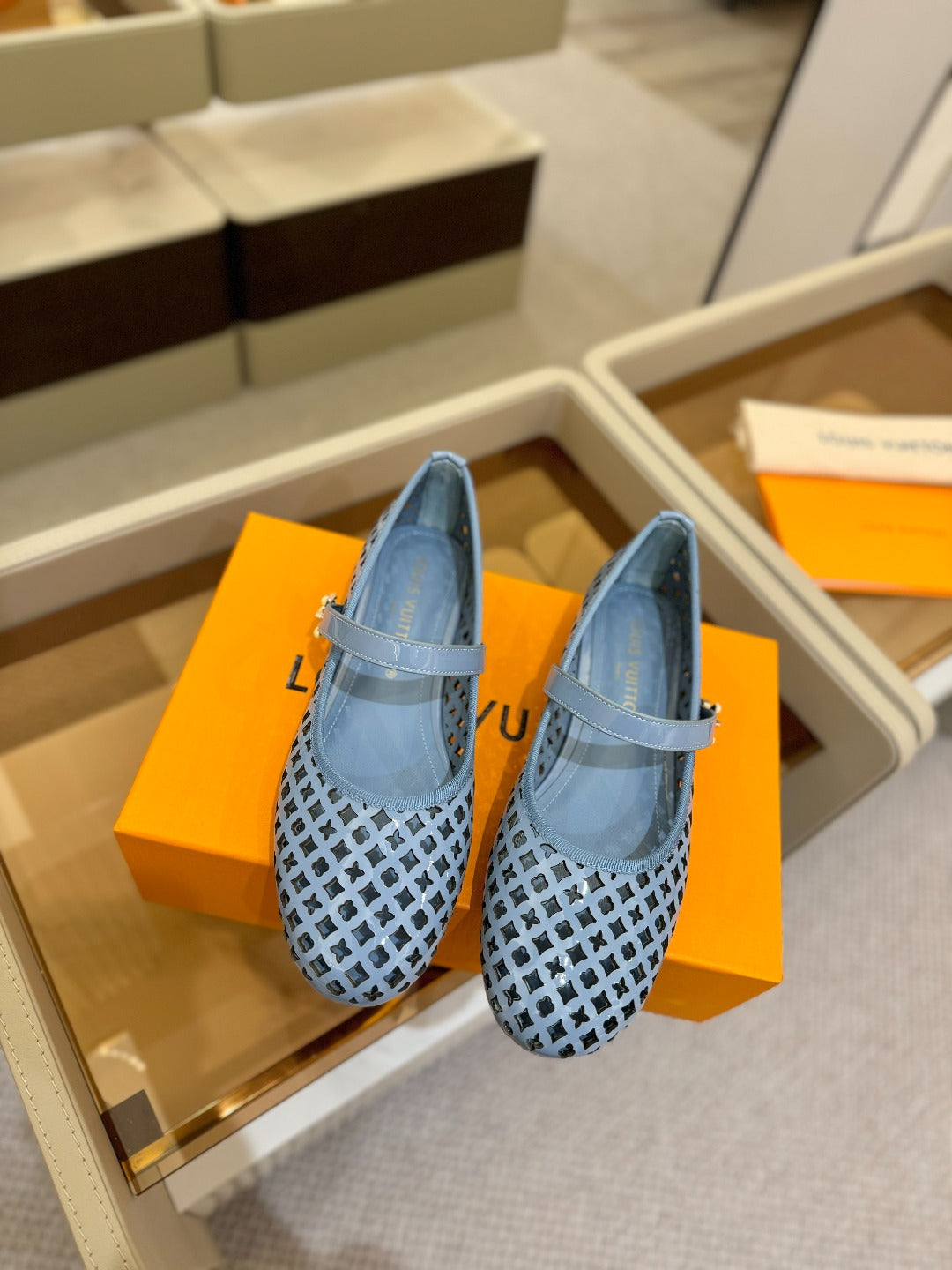 ROMY FLAT BALLERINA IN CERULEAN BLUE MESH PATENT CALFSKIN - 34