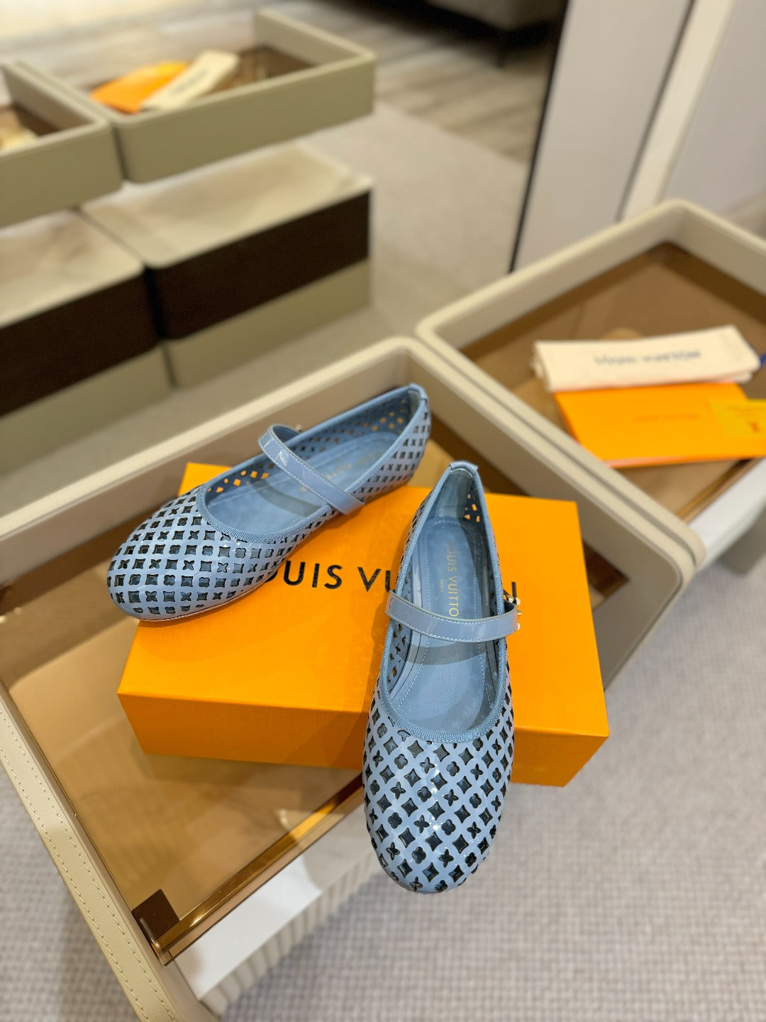 ROMY FLAT BALLERINA IN CERULEAN BLUE MESH PATENT CALFSKIN - 34