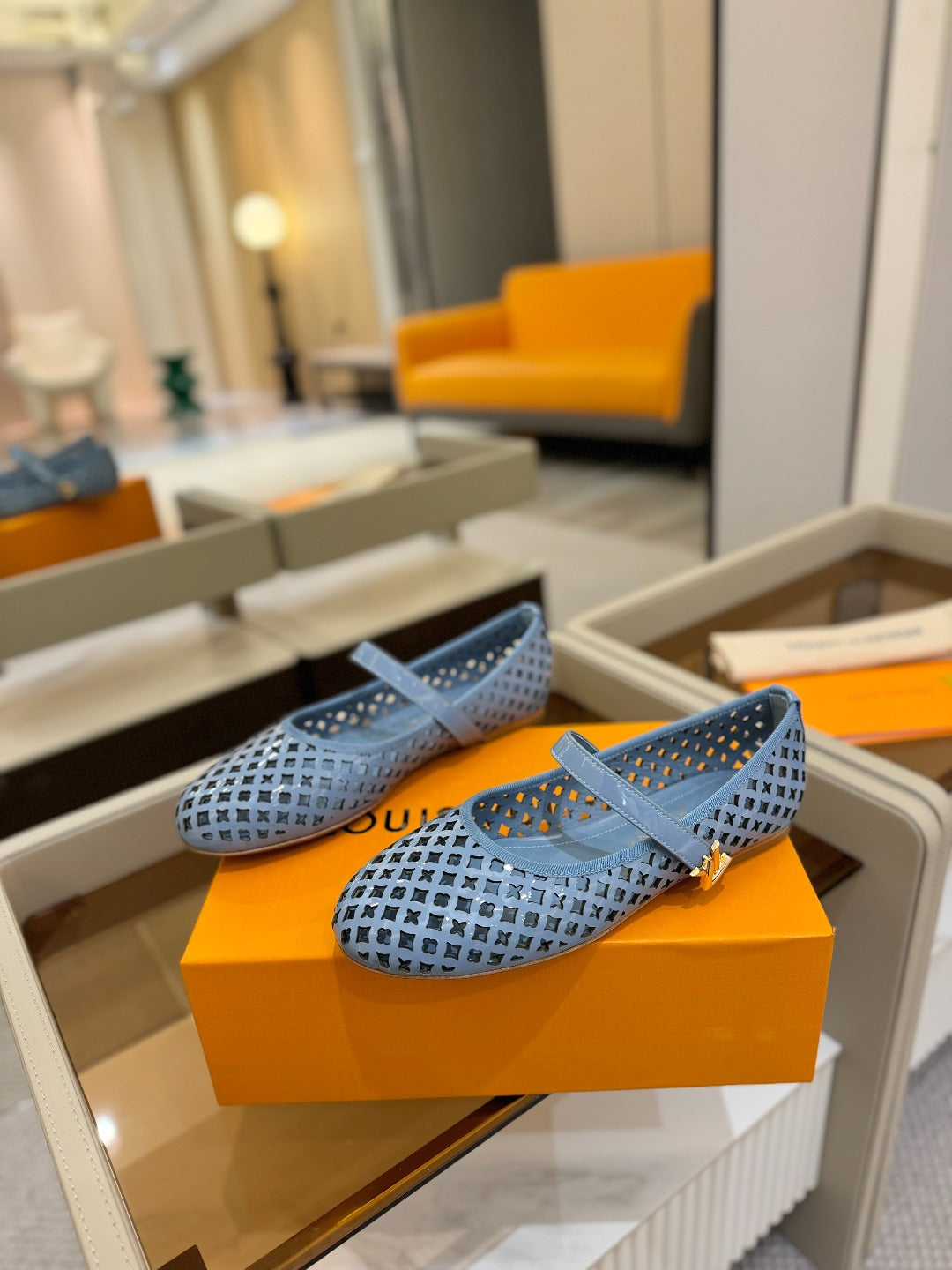 ROMY FLAT BALLERINA IN CERULEAN BLUE MESH PATENT CALFSKIN - 34