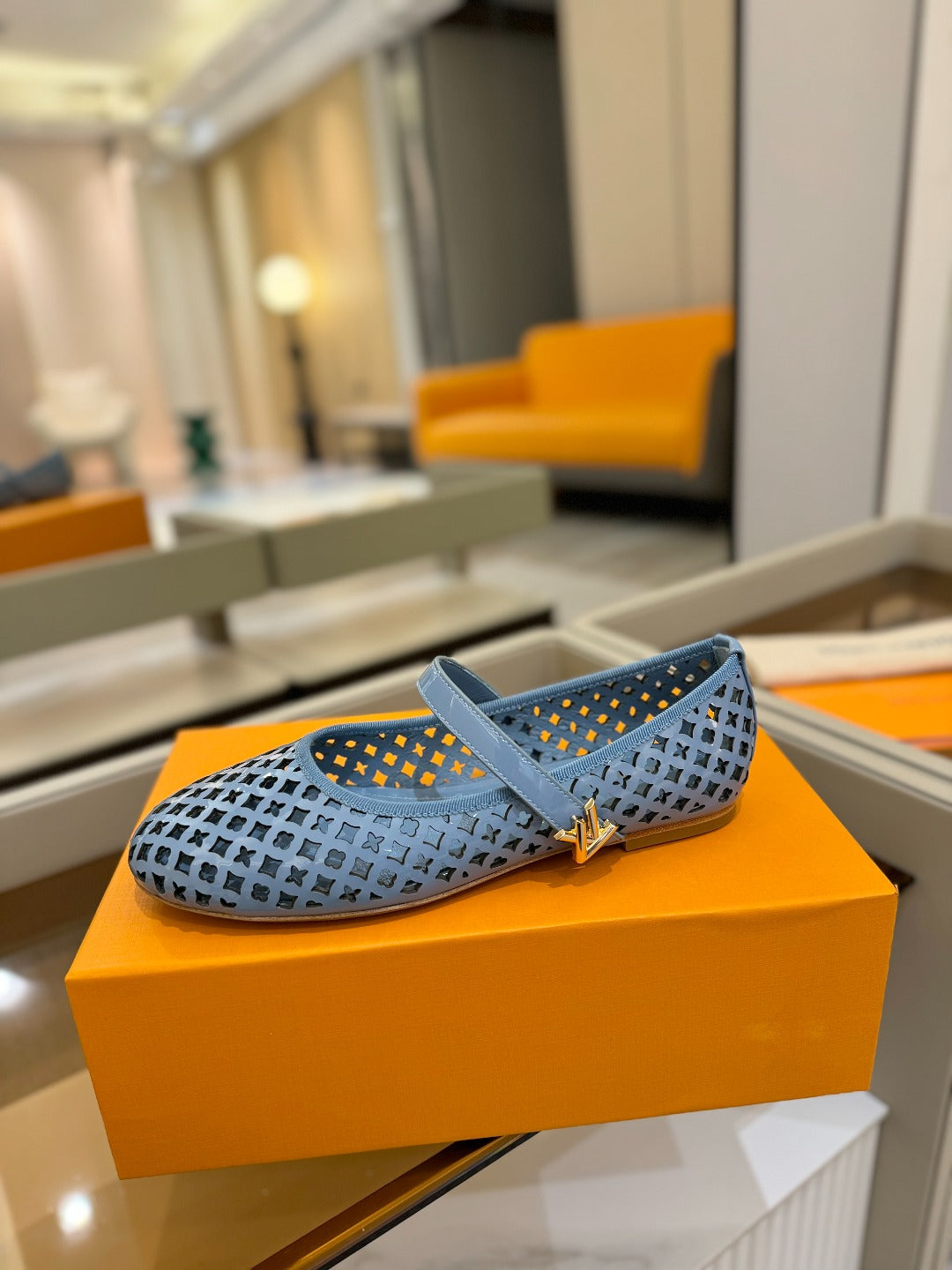 ROMY FLAT BALLERINA IN CERULEAN BLUE MESH PATENT CALFSKIN - 34