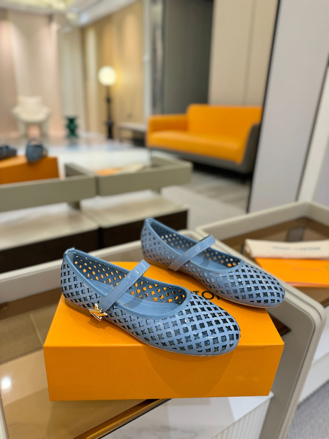 ROMY FLAT BALLERINA IN CERULEAN BLUE MESH PATENT CALFSKIN - 34