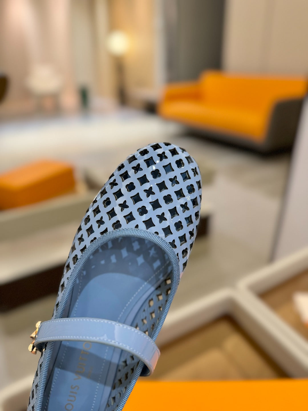 ROMY FLAT BALLERINA IN CERULEAN BLUE MESH PATENT CALFSKIN - 34