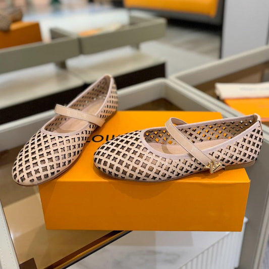 ROMY FLAT BALLERINA IN LIGHT PINK MESH PATENT CALFSKIN - 34