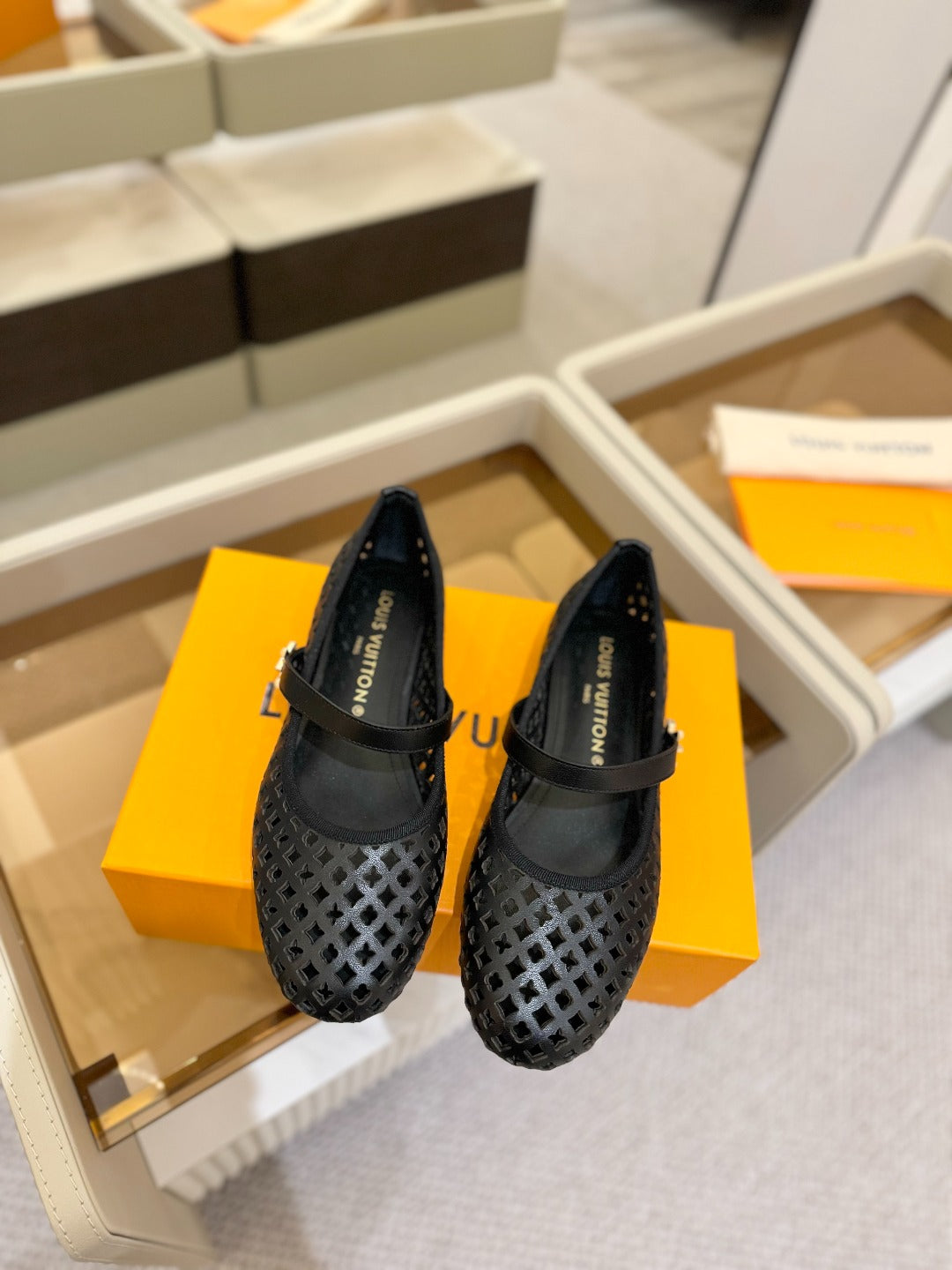 ROMY FLAT BALLERINA IN BLACK MESH CALFSKIN - 34