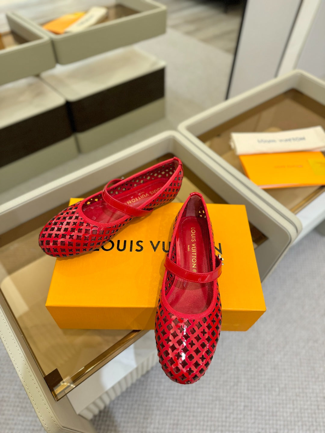 ROMY FLAT BALLERINA IN CHERRY RED MESH PATENT CALFSKIN - 34