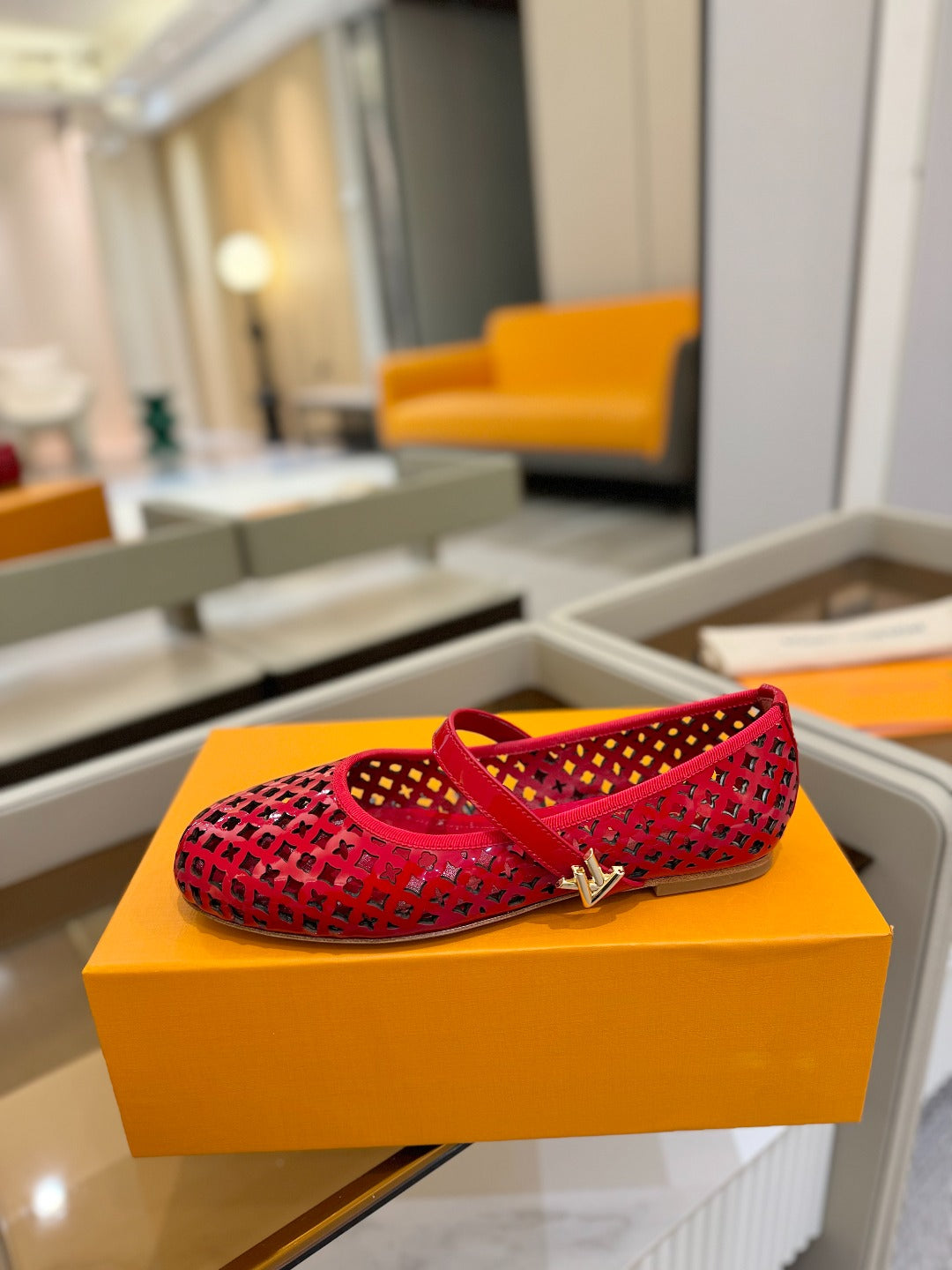 ROMY FLAT BALLERINA IN CHERRY RED MESH PATENT CALFSKIN - 34