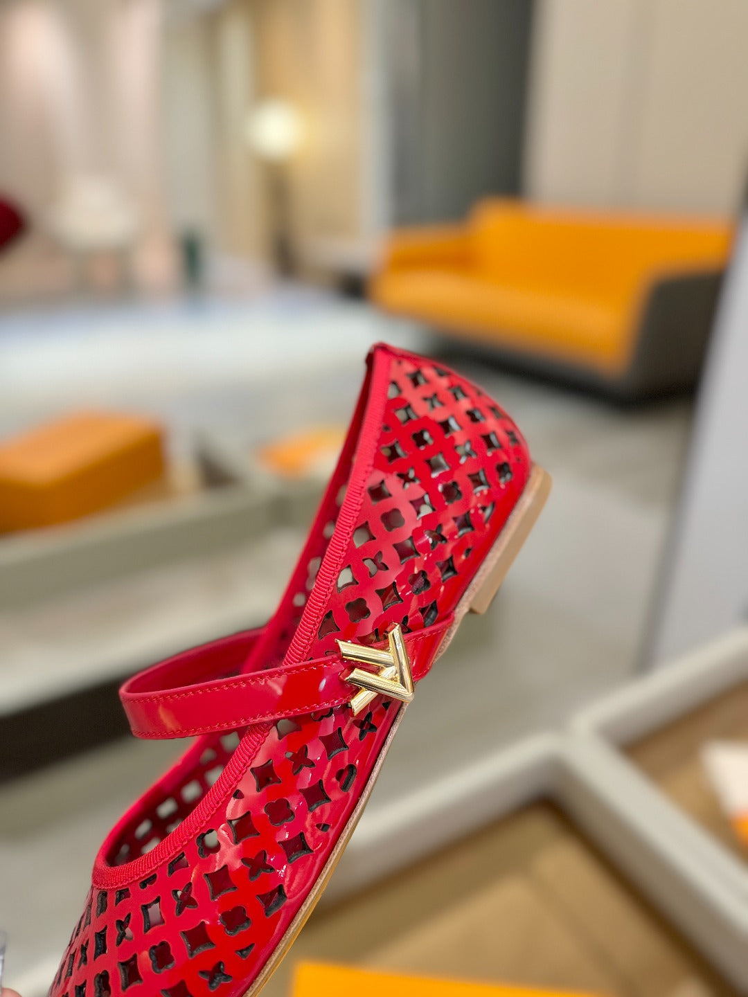 ROMY FLAT BALLERINA IN CHERRY RED MESH PATENT CALFSKIN - 34