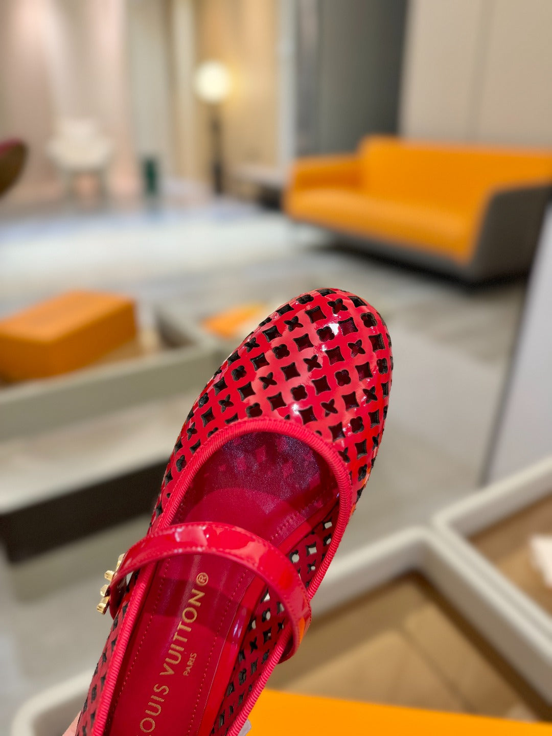 ROMY FLAT BALLERINA IN CHERRY RED MESH PATENT CALFSKIN - 34