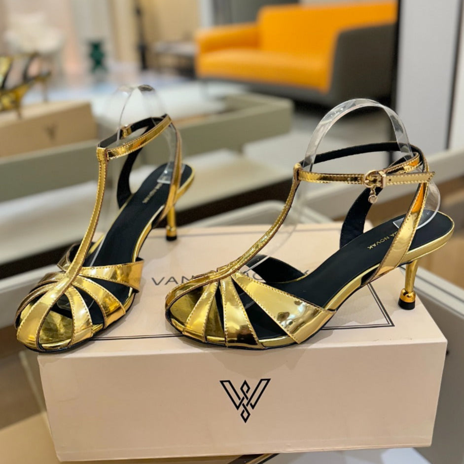 HIGH SANDALS 75 MM IN GOLD CALFSKIN - 34