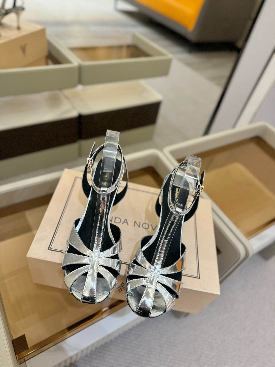 HIGH SANDALS 75 MM IN SILVER CALFSKIN - 34
