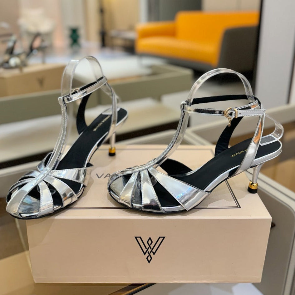 HIGH SANDALS 75 MM IN SILVER CALFSKIN - 34
