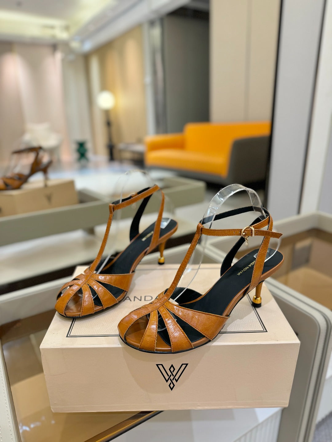 HIGH SANDALS 75 MM IN CINNAMON BROWN CALFSKIN - 34