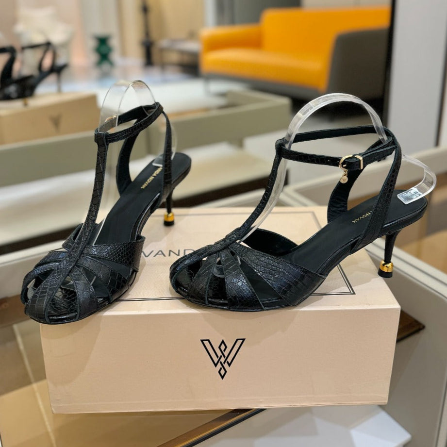 HIGH SANDALS 75 MM IN BLACK CALFSKIN - 34