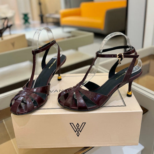 HIGH SANDALS 75 MM IN MAHOGANY RED PATENT CALFSKIN - 34