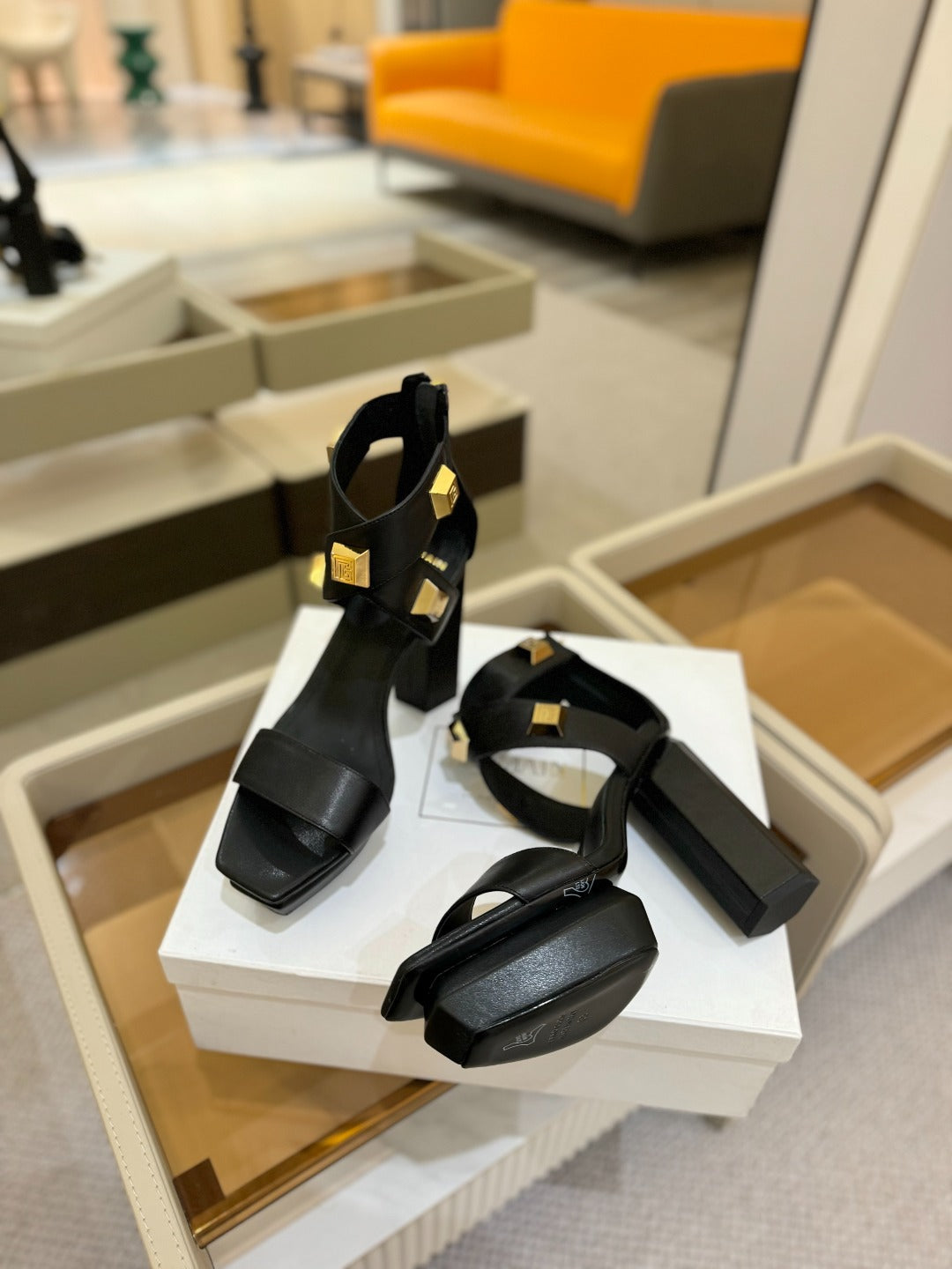 BALMAIN 25S WEDGE HEELS 105MM IN BLACK CALFSKIN GOLD HARDWARE - 36