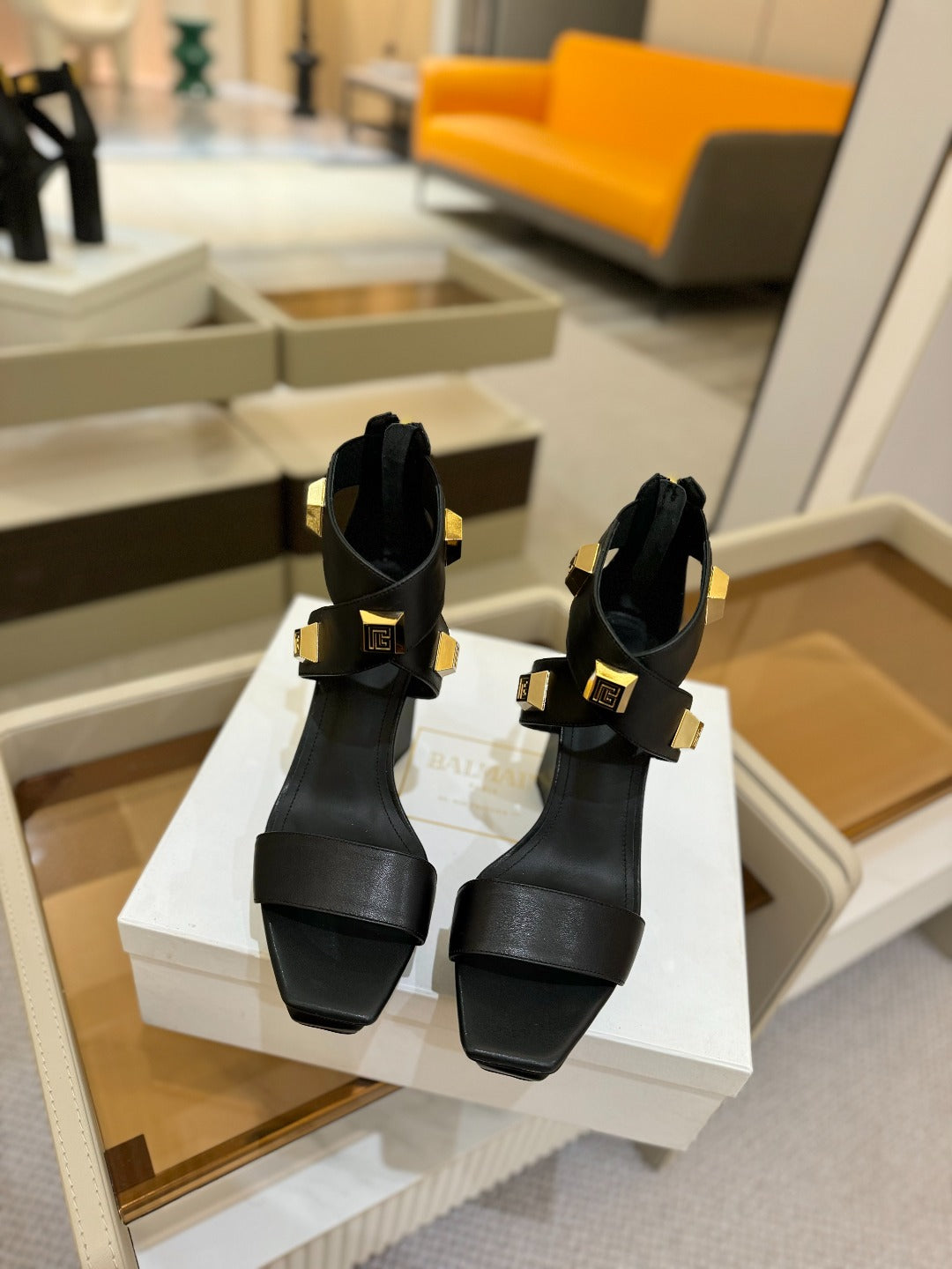 BALMAIN 25S WEDGE HEELS 105MM IN BLACK CALFSKIN GOLD HARDWARE - 36