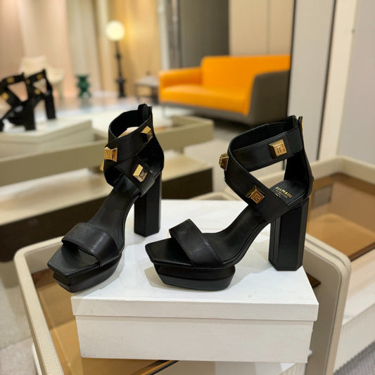 BALMAIN 25S WEDGE HEELS 105MM IN BLACK CALFSKIN GOLD HARDWARE - 36