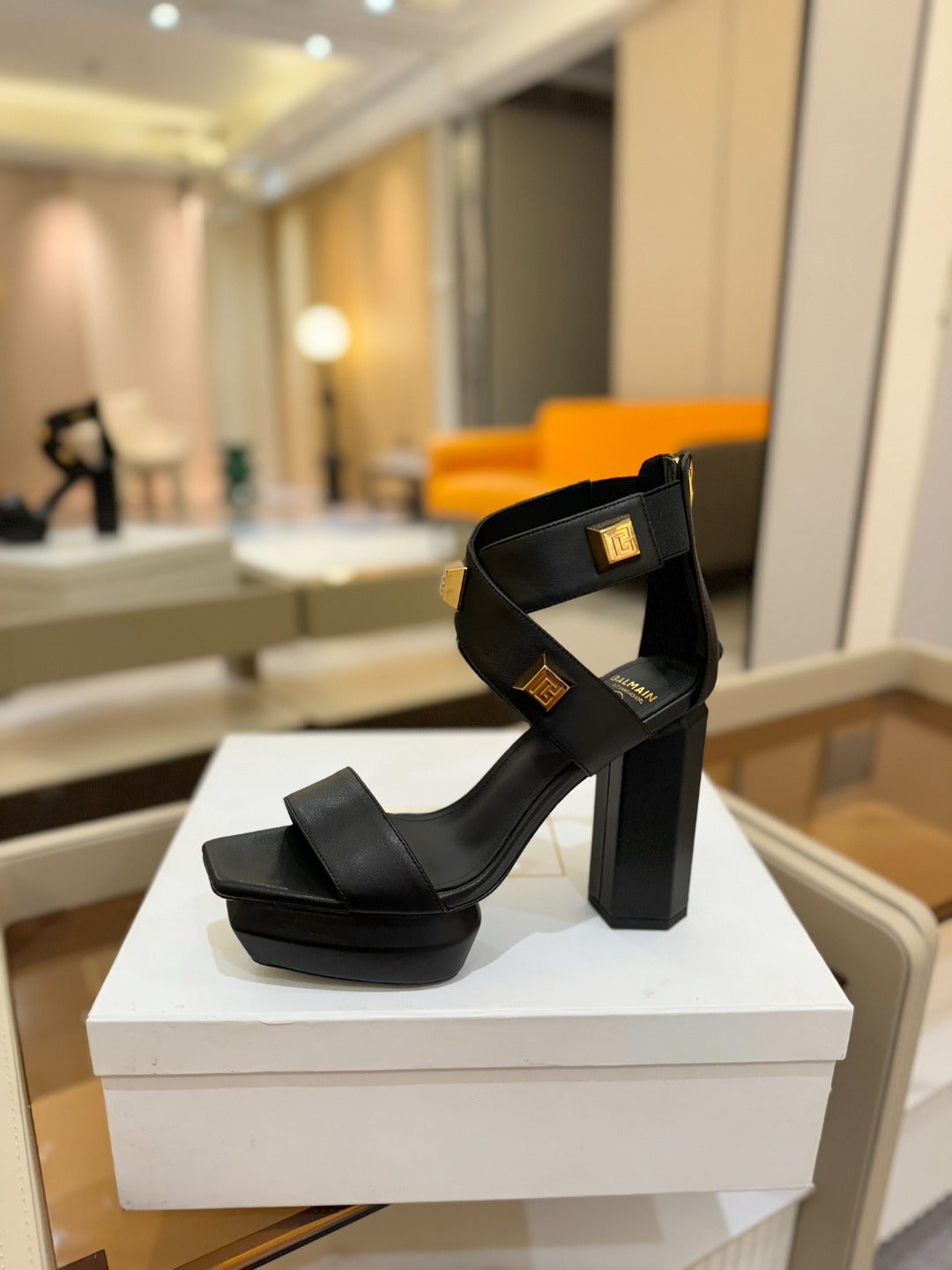 BALMAIN 25S WEDGE HEELS 105MM IN BLACK CALFSKIN GOLD HARDWARE - 36