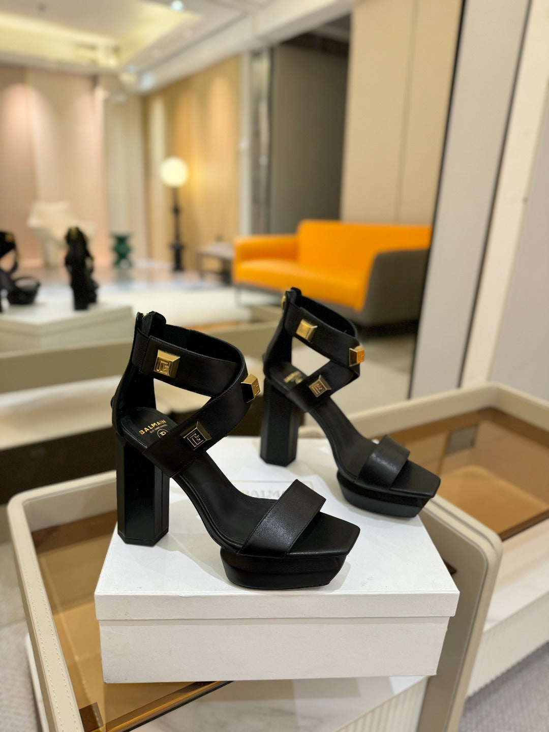 BALMAIN 25S WEDGE HEELS 105MM IN BLACK CALFSKIN GOLD HARDWARE - 36