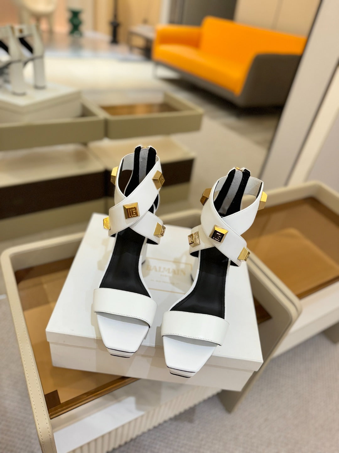 BALMAIN 25S WEDGE HEELS 105MM IN WHITE CALFSKIN GOLD HARDWARE - 36