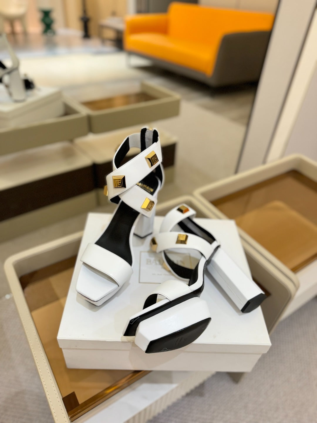 BALMAIN 25S WEDGE HEELS 105MM IN WHITE CALFSKIN GOLD HARDWARE - 36