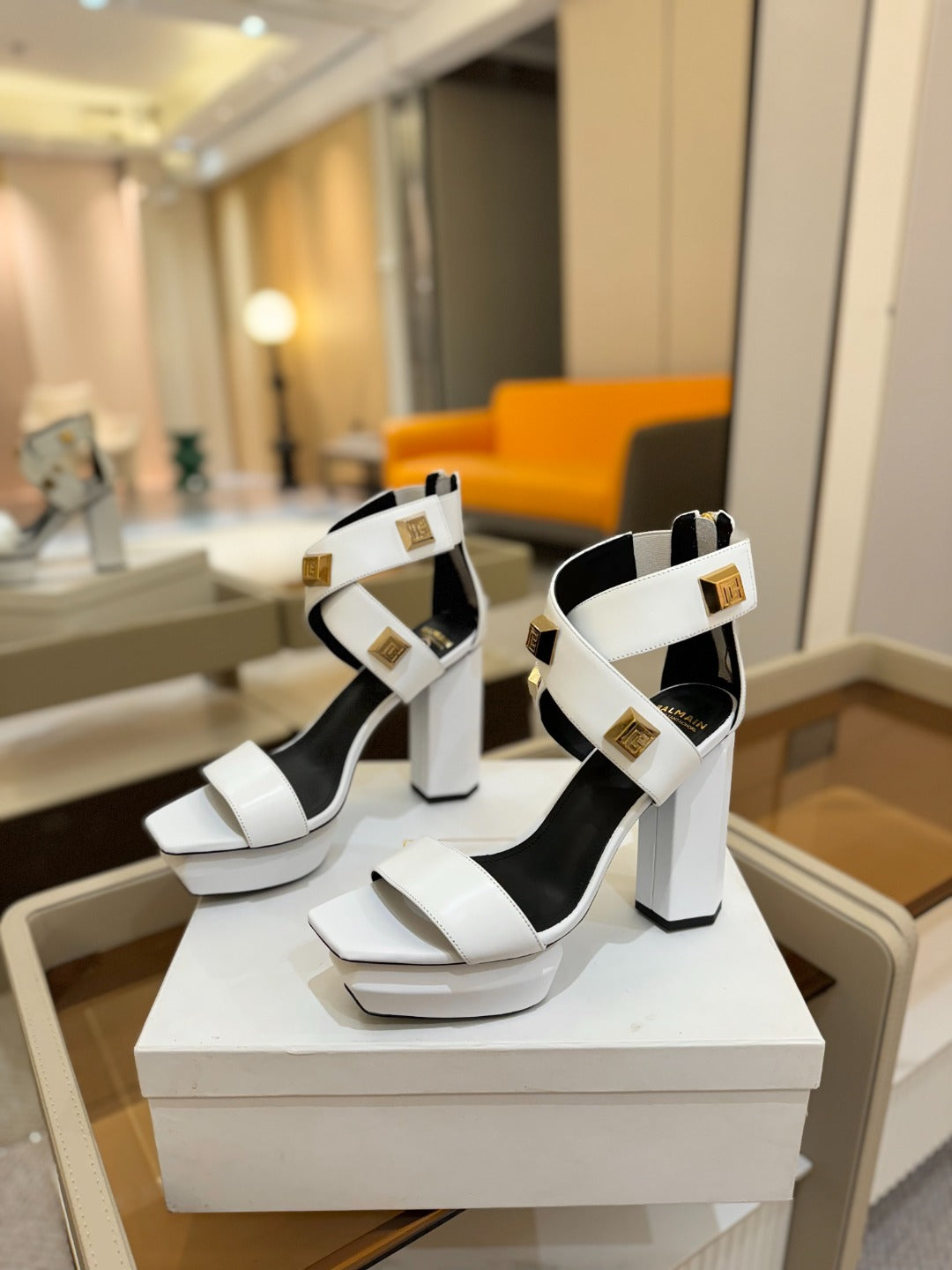 BALMAIN 25S WEDGE HEELS 105MM IN WHITE CALFSKIN GOLD HARDWARE - 36