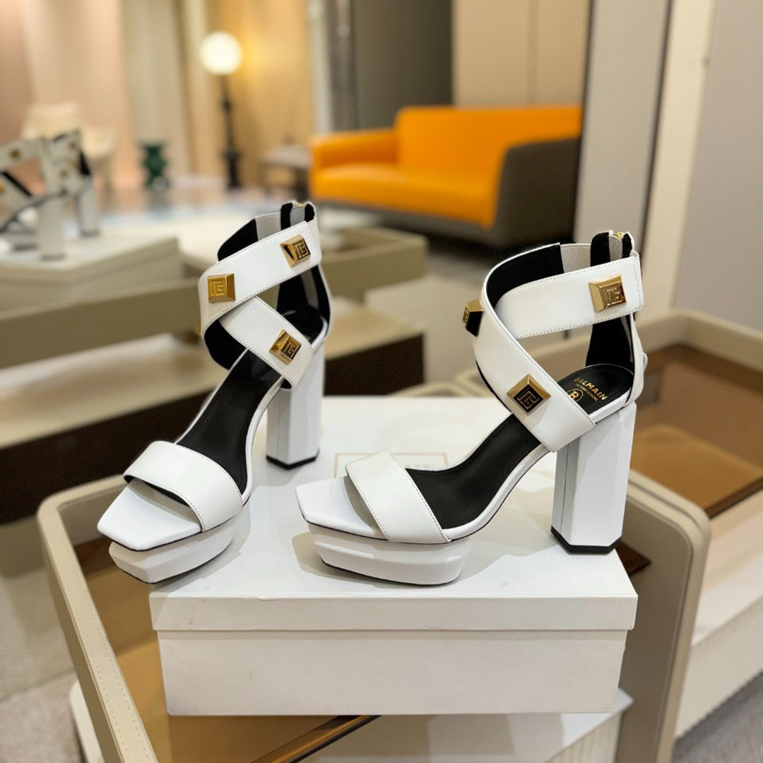 BALMAIN 25S WEDGE HEELS 105MM IN WHITE CALFSKIN GOLD HARDWARE - 36