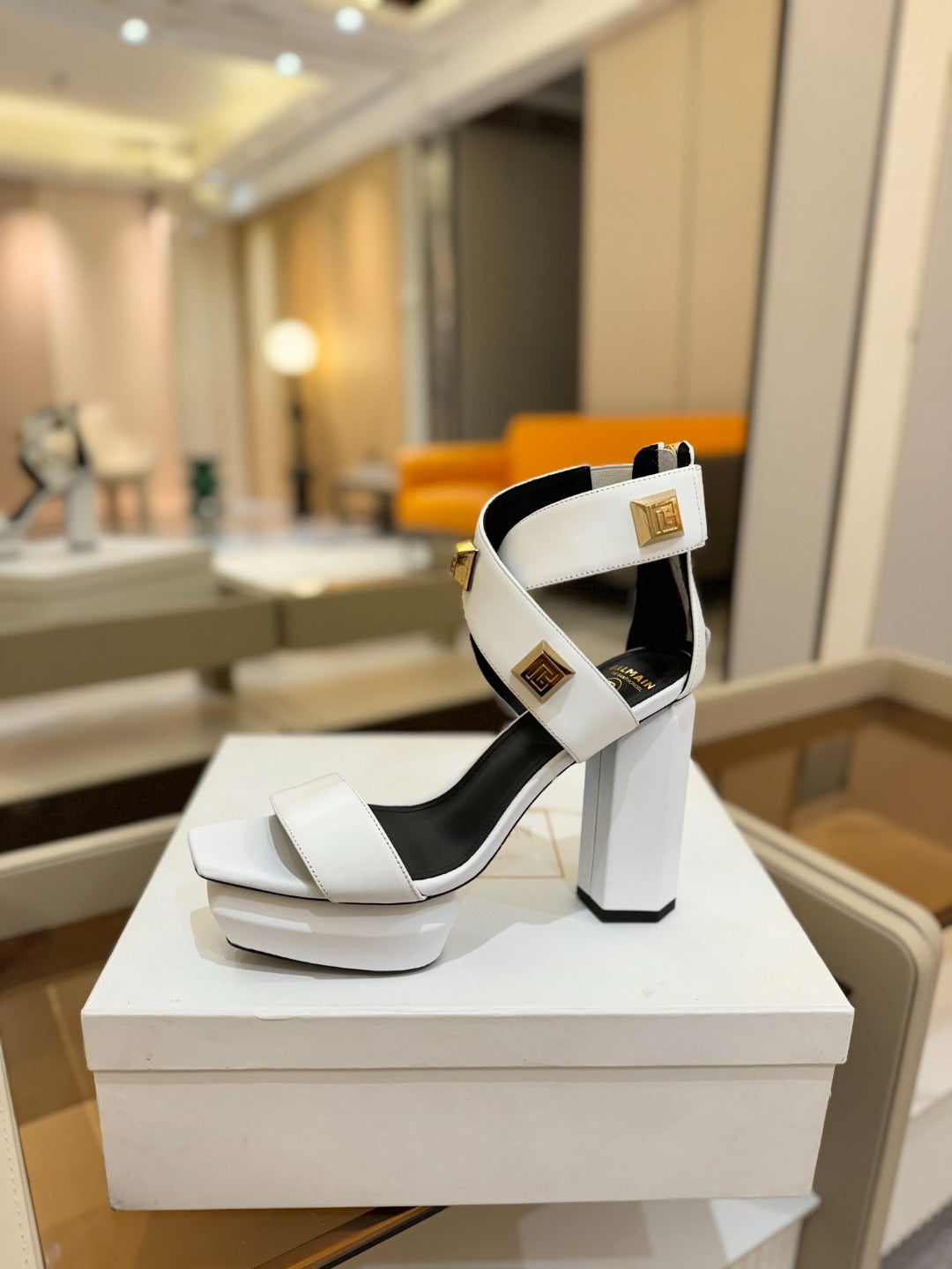 BALMAIN 25S WEDGE HEELS 105MM IN WHITE CALFSKIN GOLD HARDWARE - 36