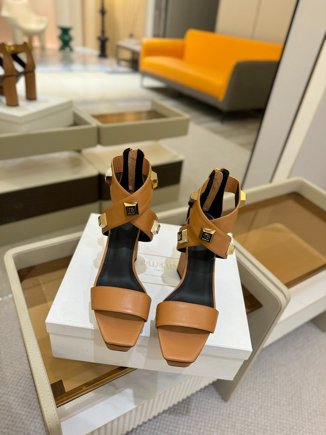 BALMAIN 25S WEDGE HEELS 105MM IN DARK BROWN CALFSKIN GOLD HARDWARE - 36