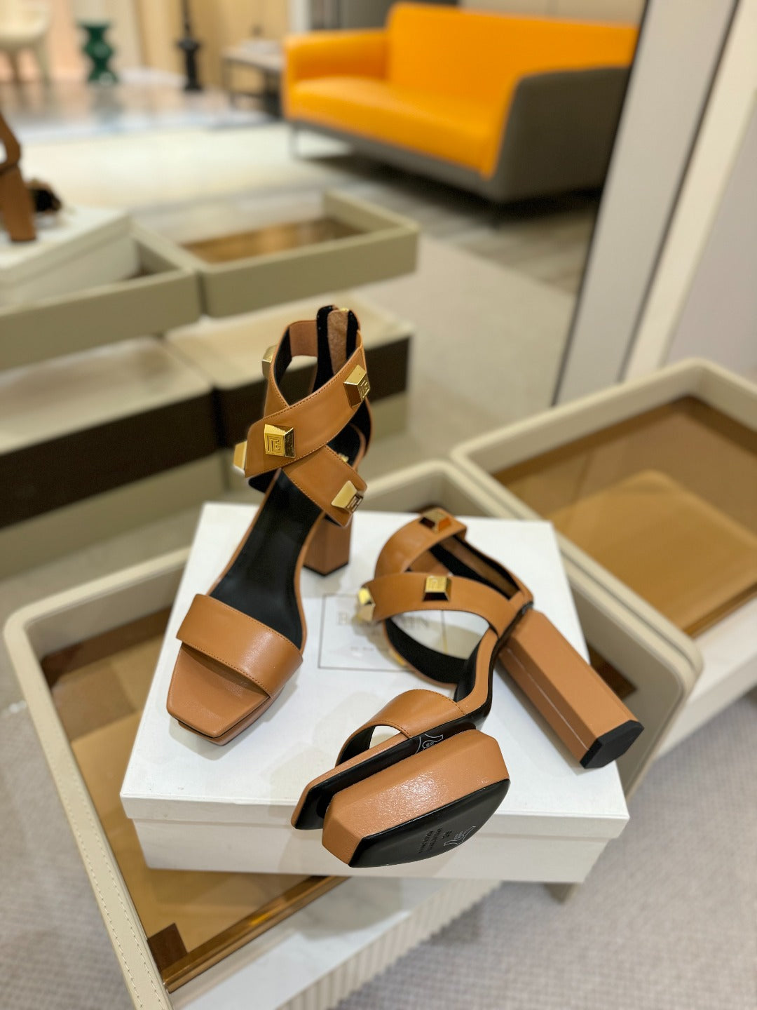 BALMAIN 25S WEDGE HEELS 105MM IN DARK BROWN CALFSKIN GOLD HARDWARE - 36
