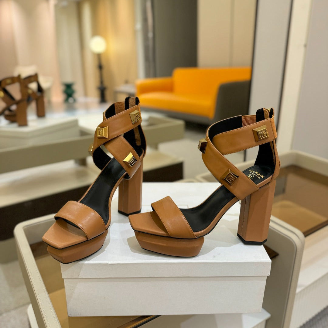 BALMAIN 25S WEDGE HEELS 105MM IN DARK BROWN CALFSKIN GOLD HARDWARE - 36