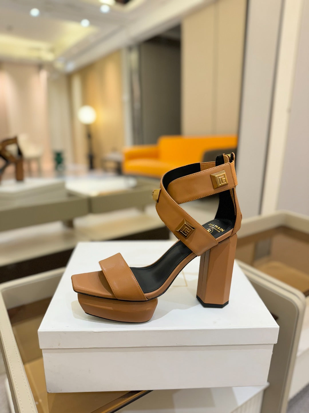 BALMAIN 25S WEDGE HEELS 105MM IN DARK BROWN CALFSKIN GOLD HARDWARE - 36