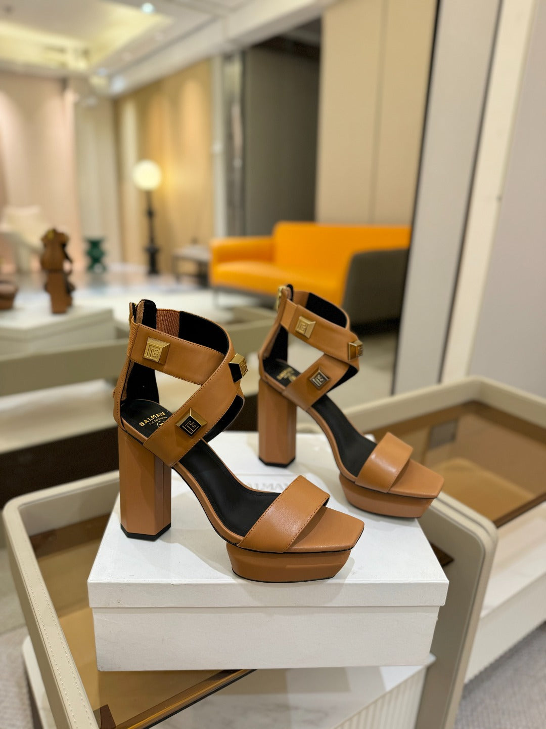 BALMAIN 25S WEDGE HEELS 105MM IN DARK BROWN CALFSKIN GOLD HARDWARE - 36