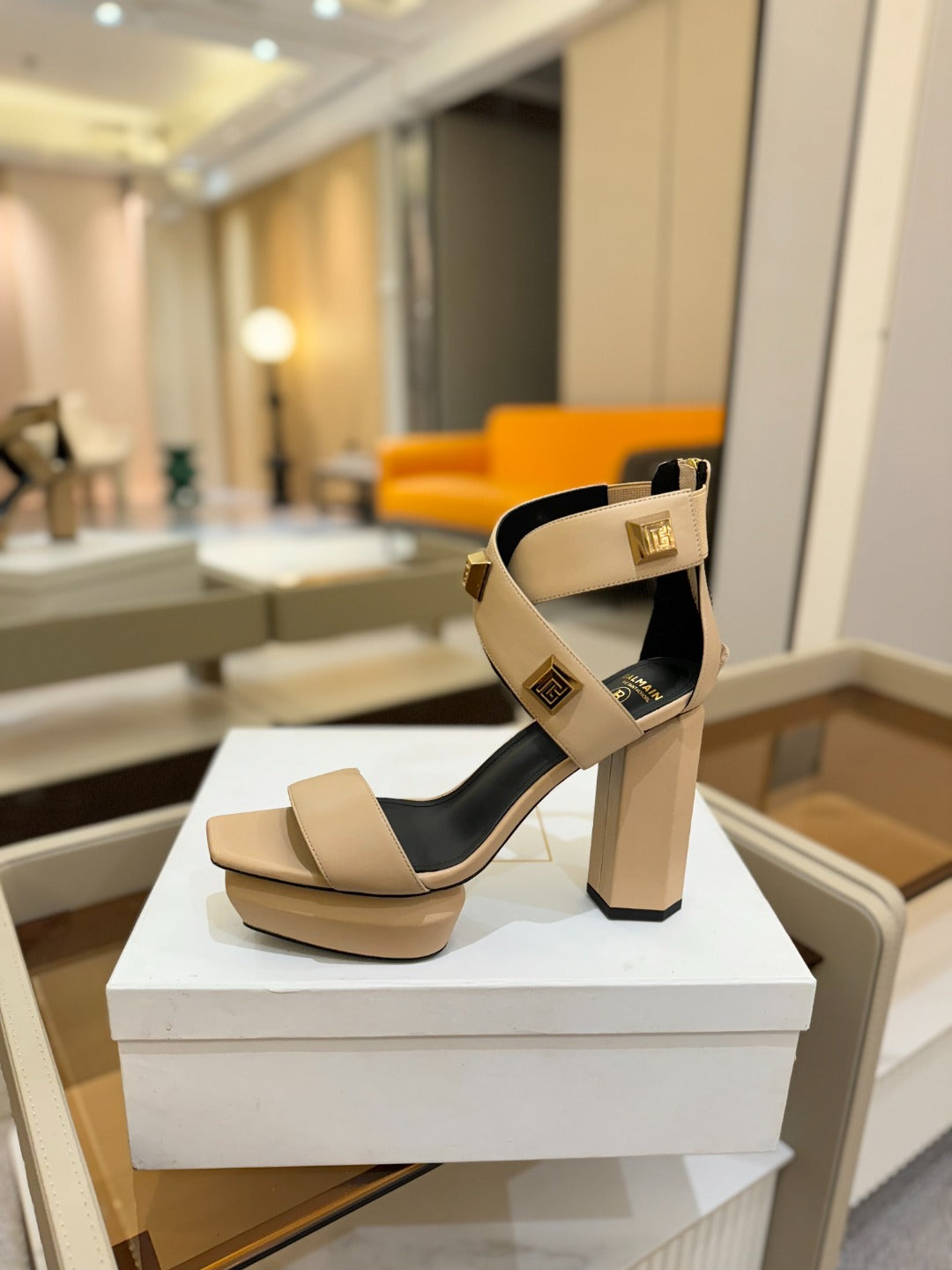 BALMAIN 25S WEDGE HEELS 105MM IN BEIGE CALFSKIN GOLD HARDWARE - 36