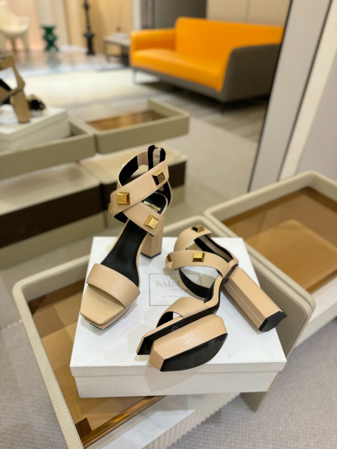 BALMAIN 25S WEDGE HEELS 105MM IN BEIGE CALFSKIN GOLD HARDWARE - 36