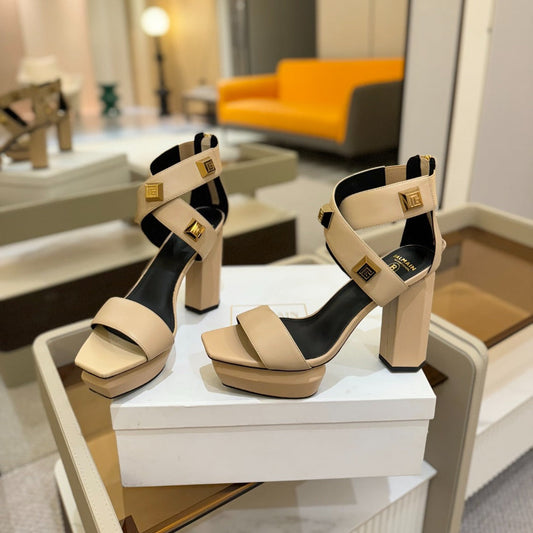 BALMAIN 25S WEDGE HEELS 105MM IN BEIGE CALFSKIN GOLD HARDWARE - 36