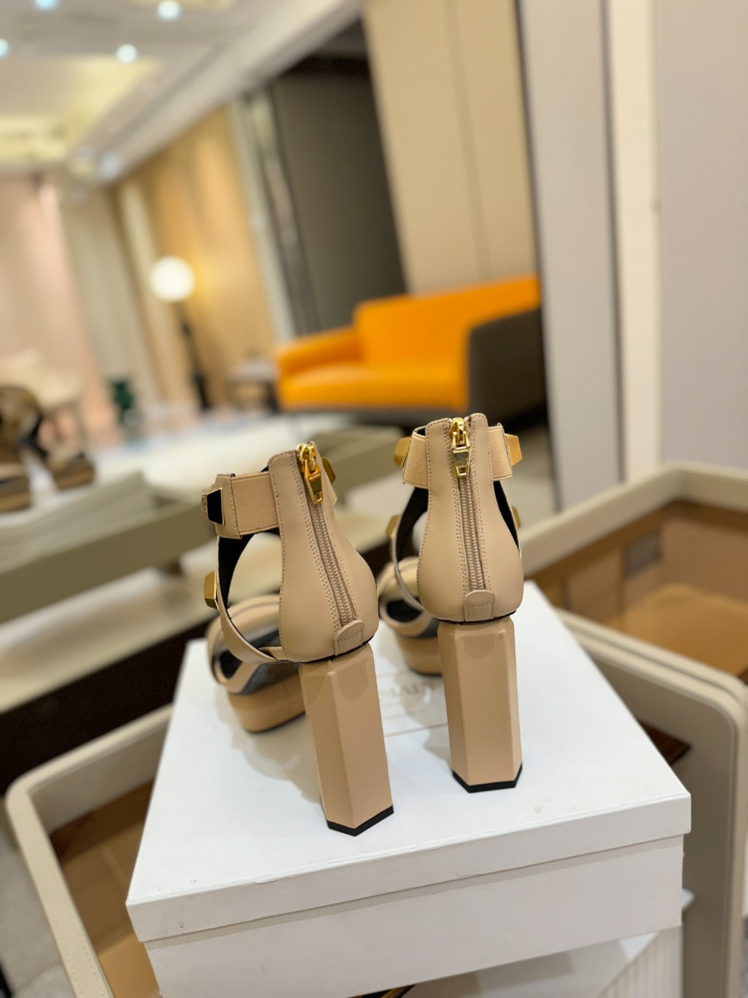 BALMAIN 25S WEDGE HEELS 105MM IN BEIGE CALFSKIN GOLD HARDWARE - 36