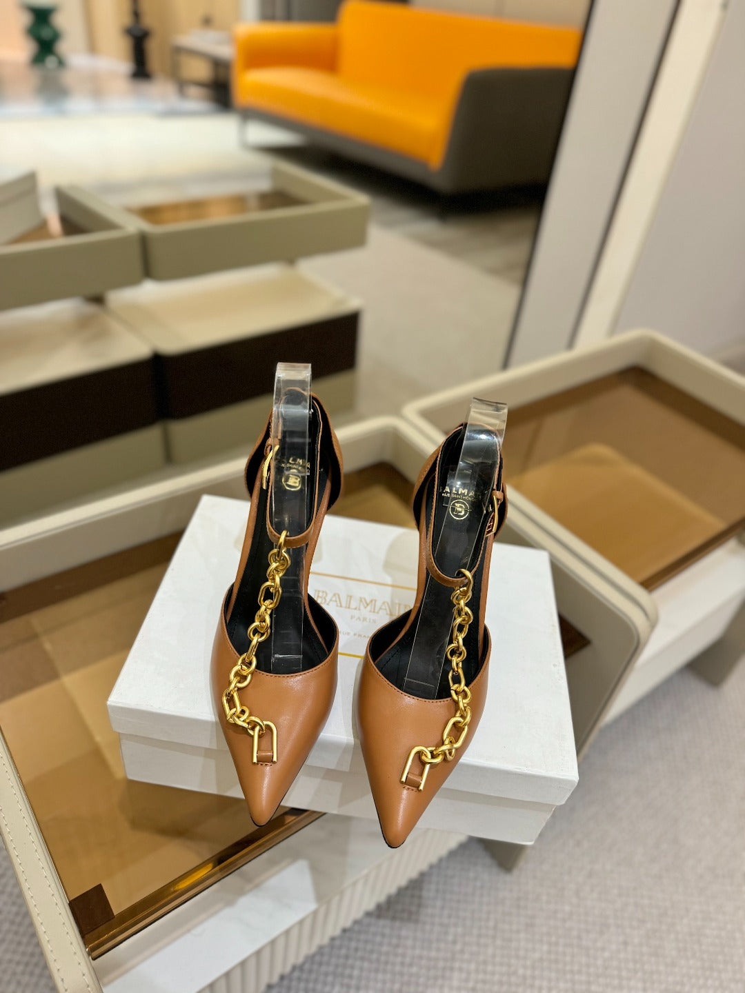 BALMAIN 25S SYNC STILETTOS WITH POINTED TOE 95MM IN DARK BROWN CALFSKIN - 36