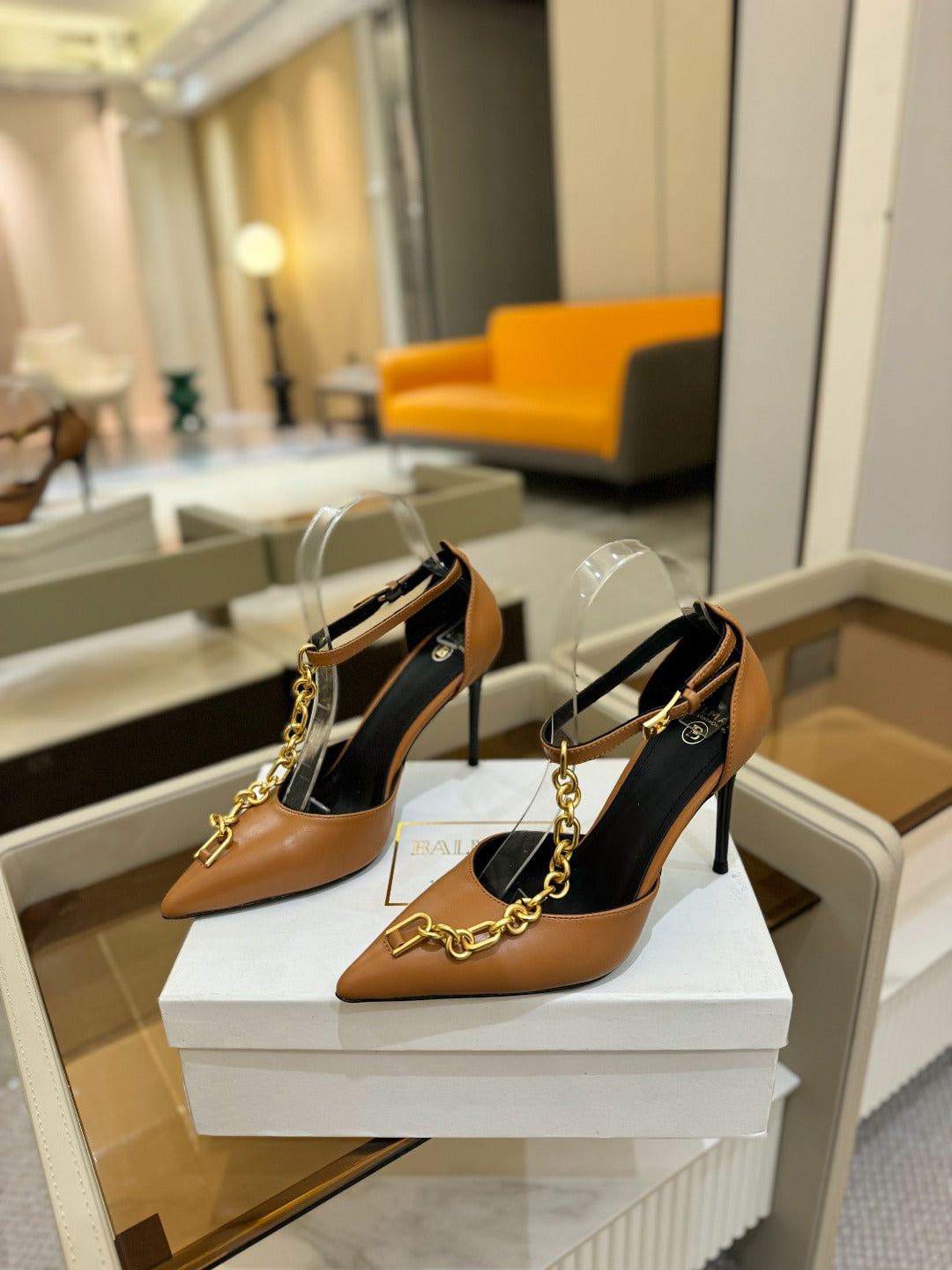BALMAIN 25S SYNC STILETTOS WITH POINTED TOE 95MM IN DARK BROWN CALFSKIN - 36