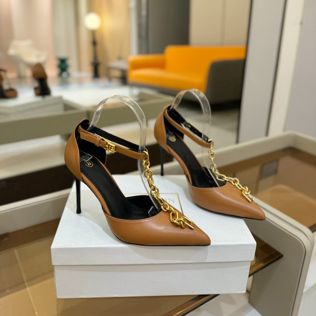 BALMAIN 25S SYNC STILETTOS WITH POINTED TOE 95MM IN DARK BROWN CALFSKIN - 36
