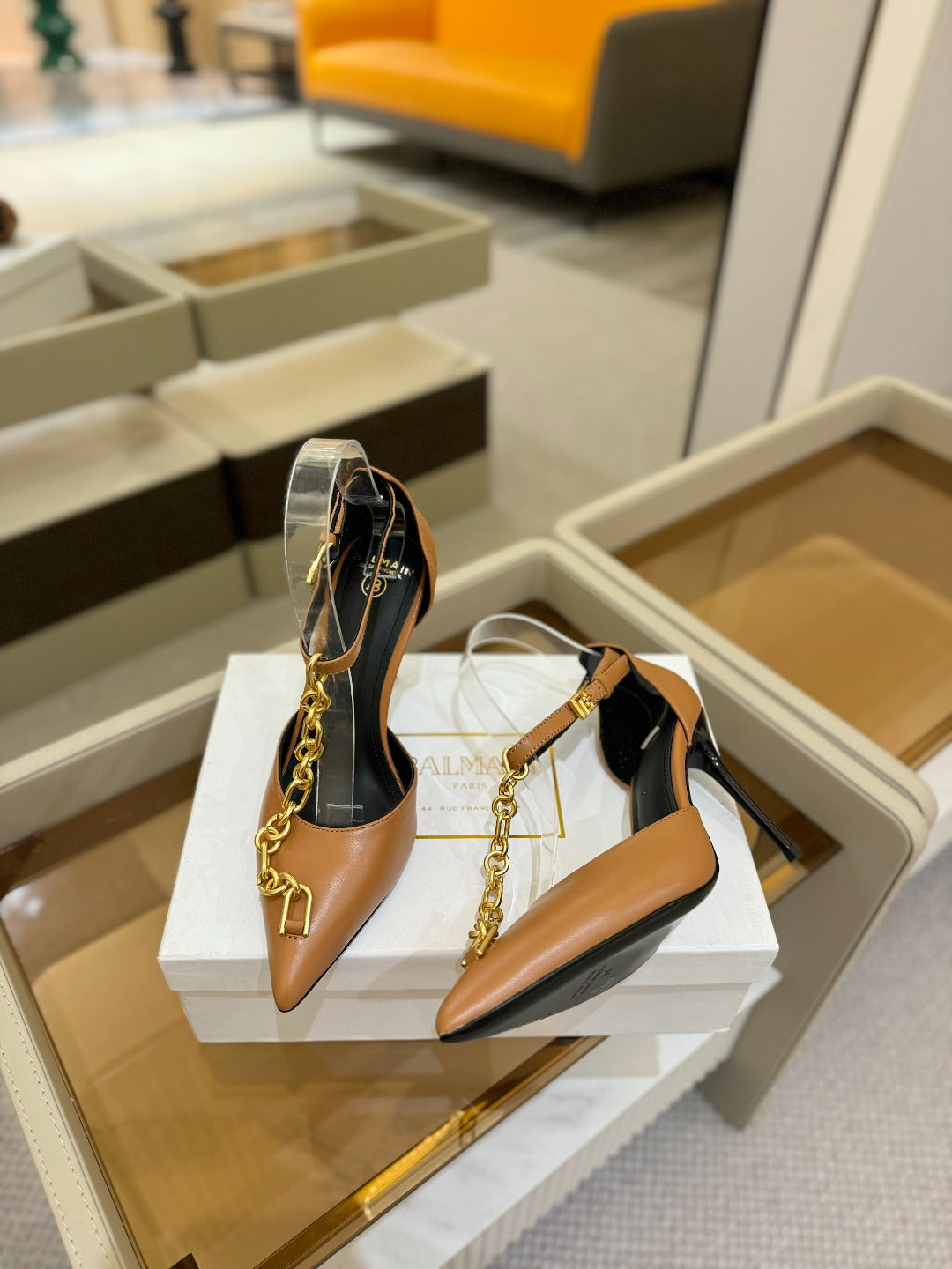 BALMAIN 25S SYNC STILETTOS WITH POINTED TOE 95MM IN DARK BROWN CALFSKIN - 36