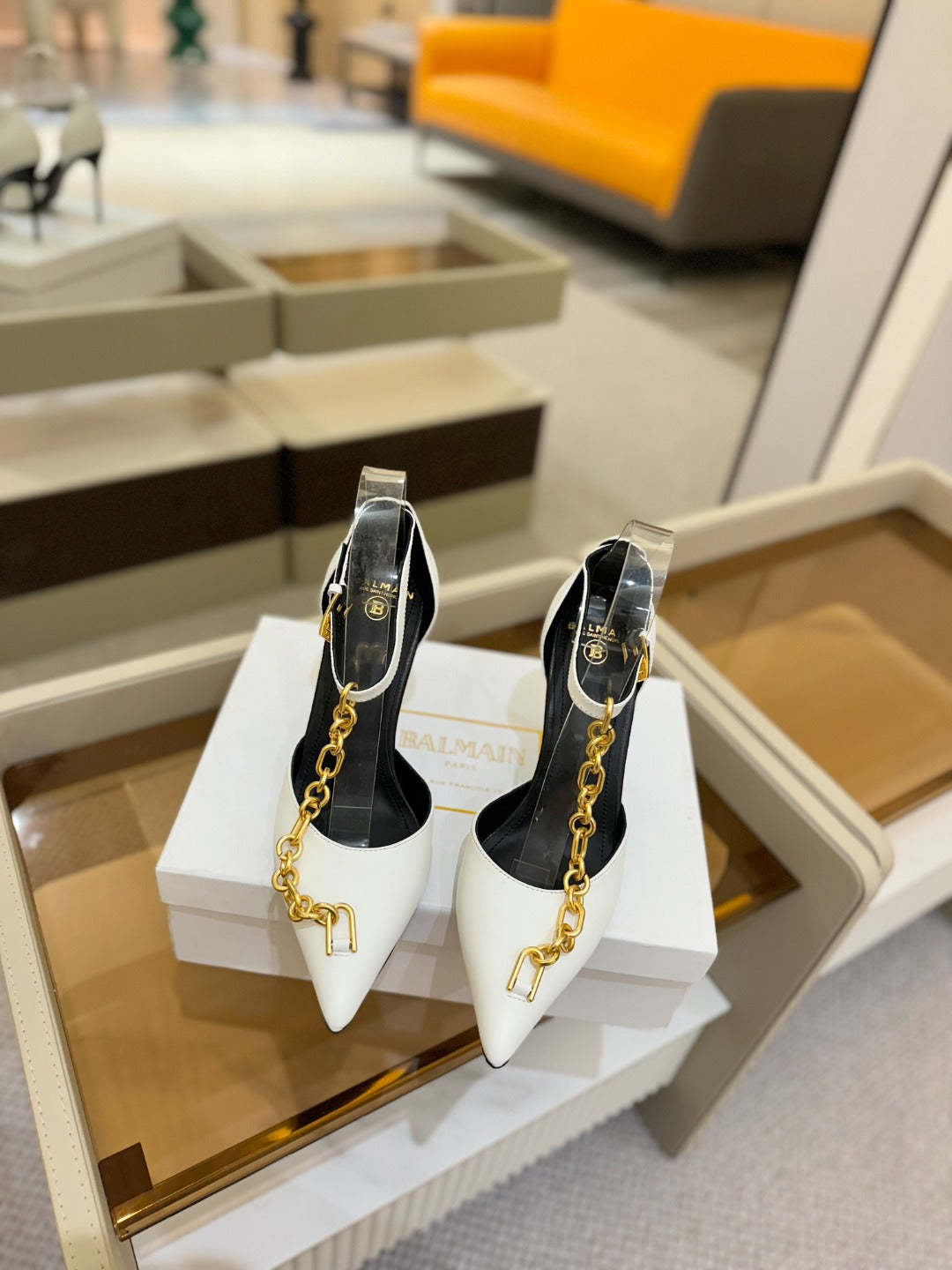 BALMAIN 25S SYNC STILETTOS WITH POINTED TOE 95MM IN WHITE CALFSKIN - 36