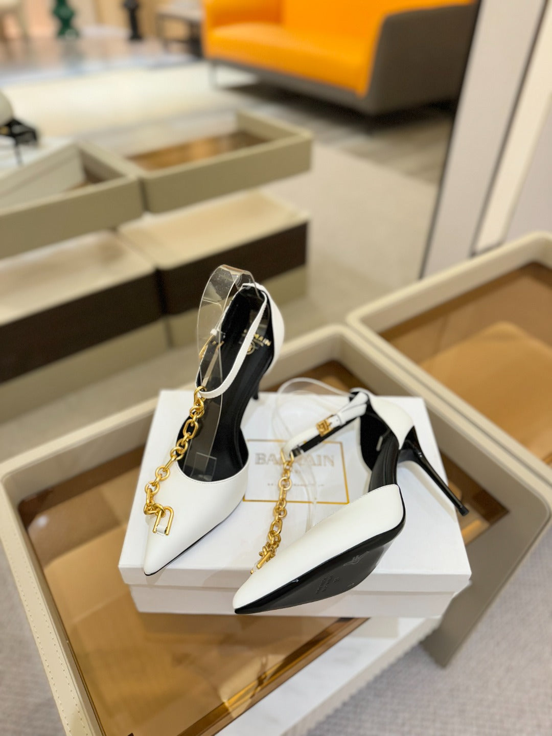 BALMAIN 25S SYNC STILETTOS WITH POINTED TOE 95MM IN WHITE CALFSKIN - 36